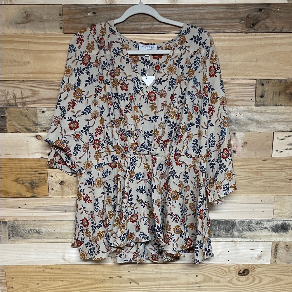 Hayden size L Multicolor Floral Flutter Sleeve Lightweight Chinch Waist Blouse - Picture 1 of 8